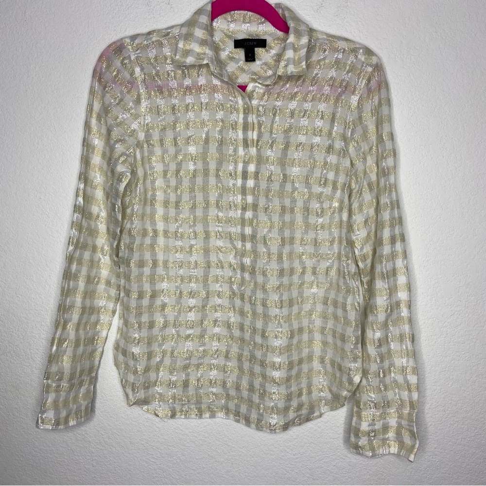 J. Crew Long Sleeve 3/4 Button Down Gold & Silver Metallic Shirt Size 2
